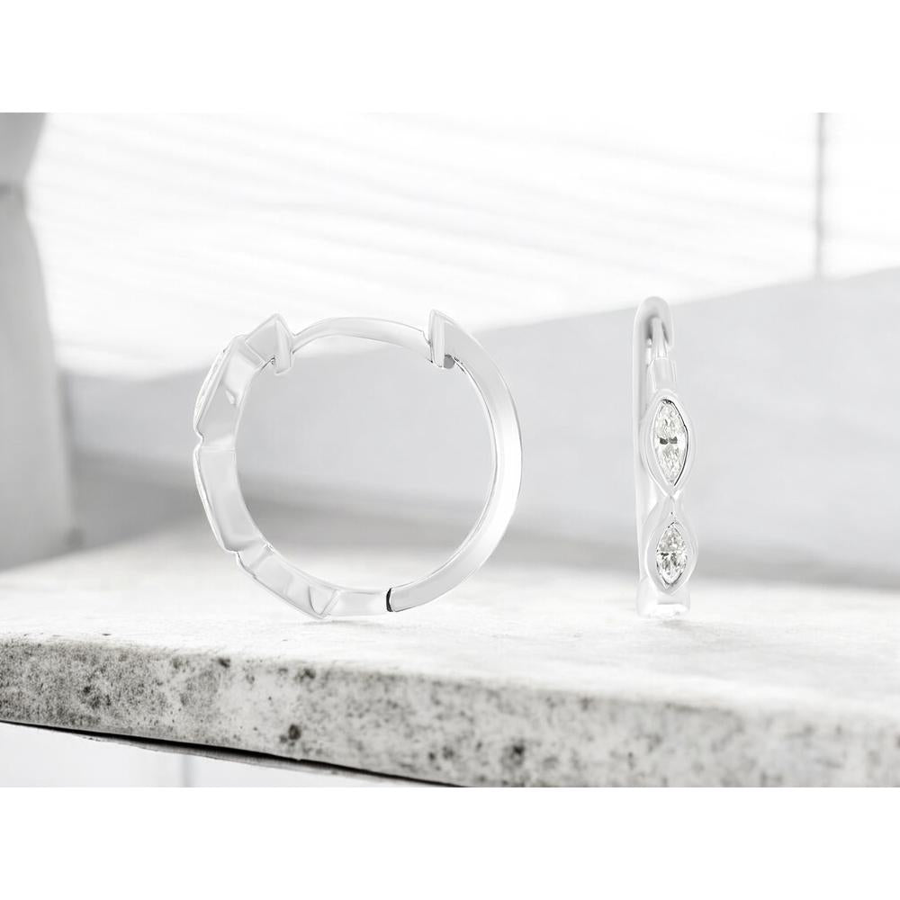 14K White Gold Small Hoop Earrings with Bezel Set Marquise Cut Diamonds - 0.50 Carat Total Diamond Weight - Royal Jewelry