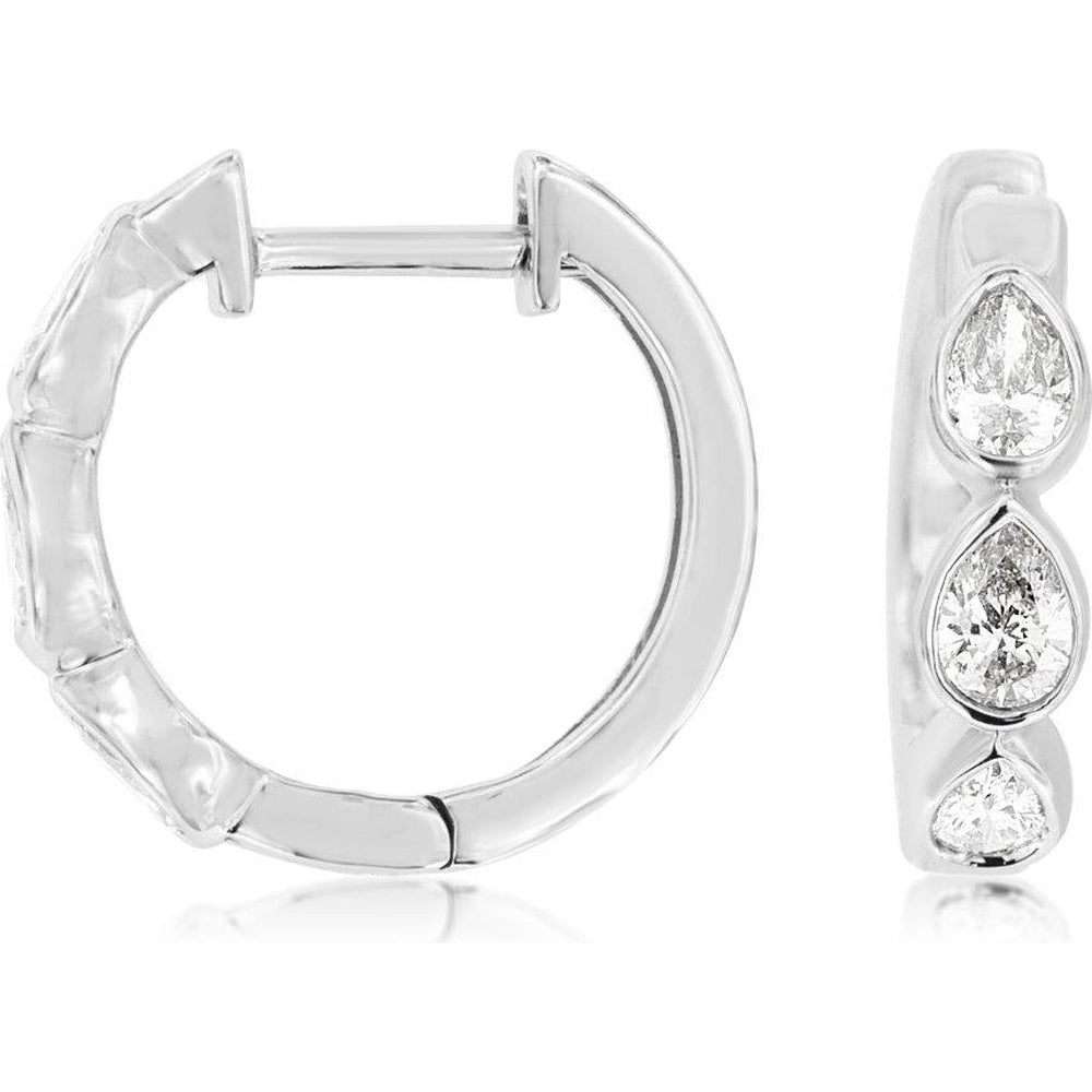 14K White Gold Small Hoop Earrings with Bezel Set Pear Shaped Diamonds - 0.60 Carat Total Diamond Weight - Royal Jewelry