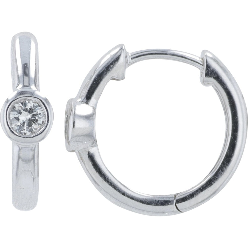 14K White Gold Small Hoop Earrings with Bezel Set Round Diamonds - 0.10 Carat Total Diamond Weight