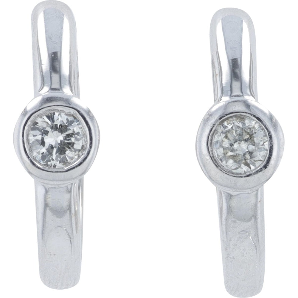 14K White Gold Small Hoop Earrings with Bezel Set Round Diamonds - 0.10 Carat Total Diamond Weight