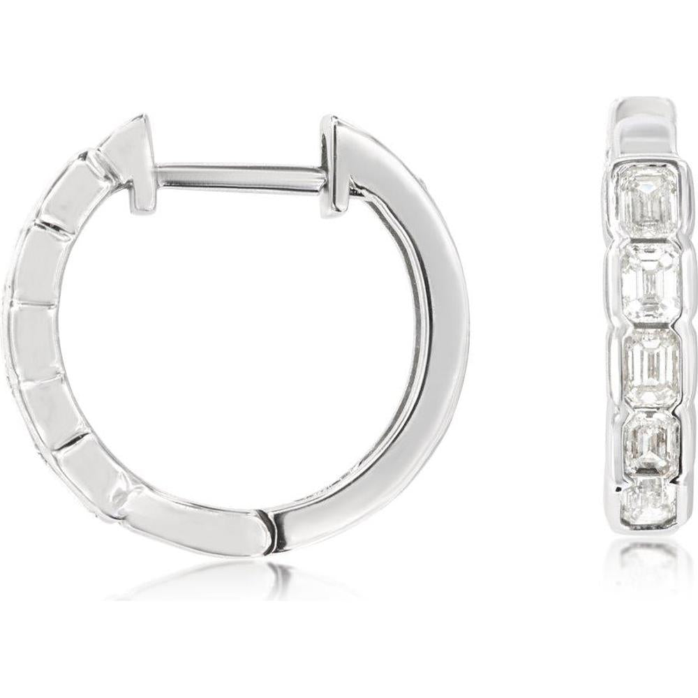 14K White Gold Small Hoop Earrings with Channel Set Rectangular Diamonds - 0.65 Carat Total Diamond Weight - Royal Jewelry