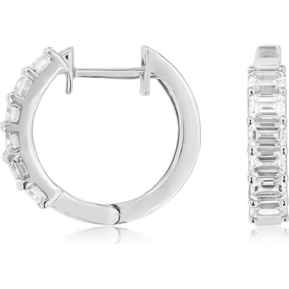 14K White Gold Small Hoop Earrings with Channel-Set Step Cut Baguette Diamonds - 1.20 Carat Total Diamond Weight - Royal Jewelry