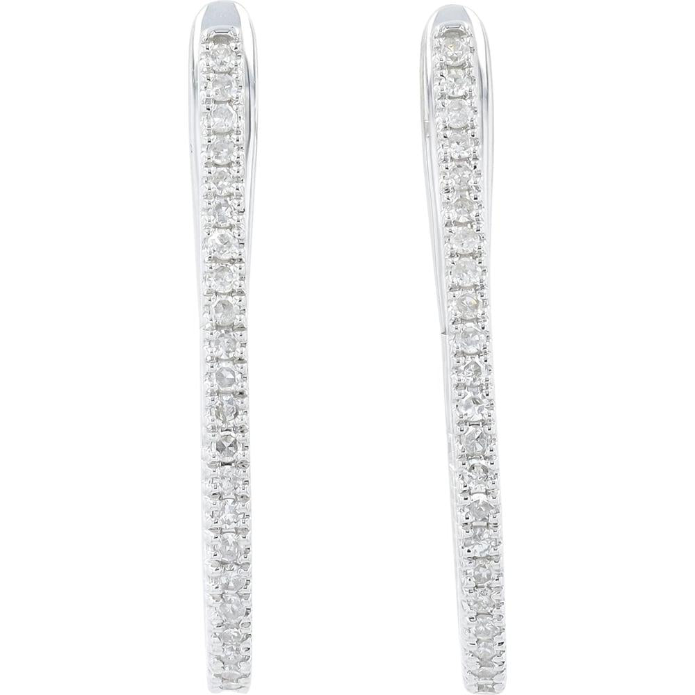 14K White Gold Small Hoop Earrings with Pave-Set Diamonds - 0.32 Carats Total Diamond Weight