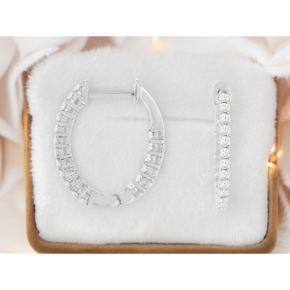 14K White Gold Small Hoop Earrings with Prong Set Round Diamonds - 0.48 Carat Total Diamond Weight - Royal Jewelry