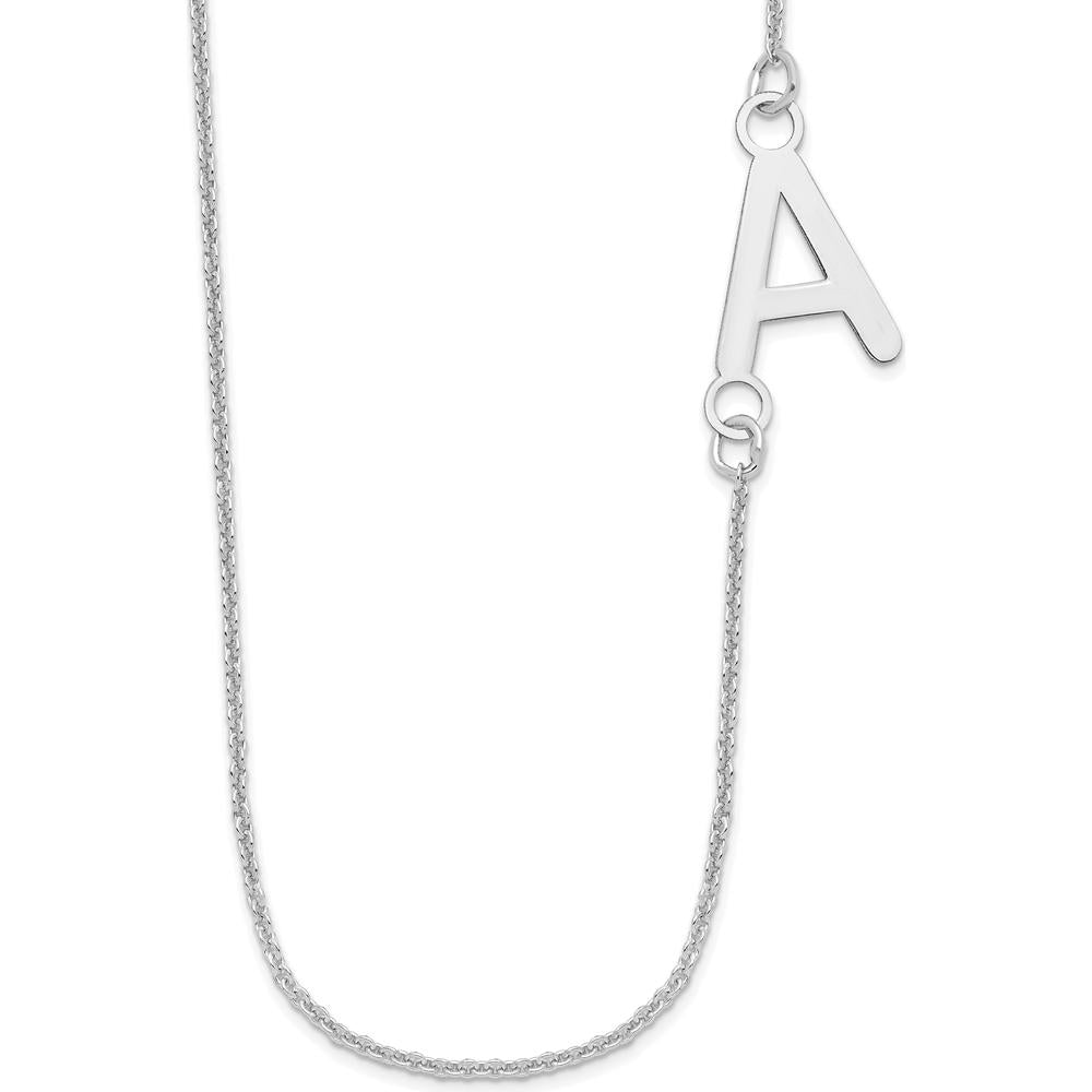 14K White Gold Small Offset Initial Necklace with Rhodium Plating - Personalized Pendant 18-Inch Cable Chain by Oro Pregiato