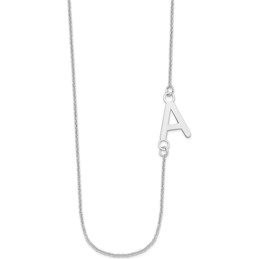 14K White Gold Small Offset Initial Necklace with Rhodium Plating - Personalized Pendant 18-Inch Cable Chain by Oro Pregiato