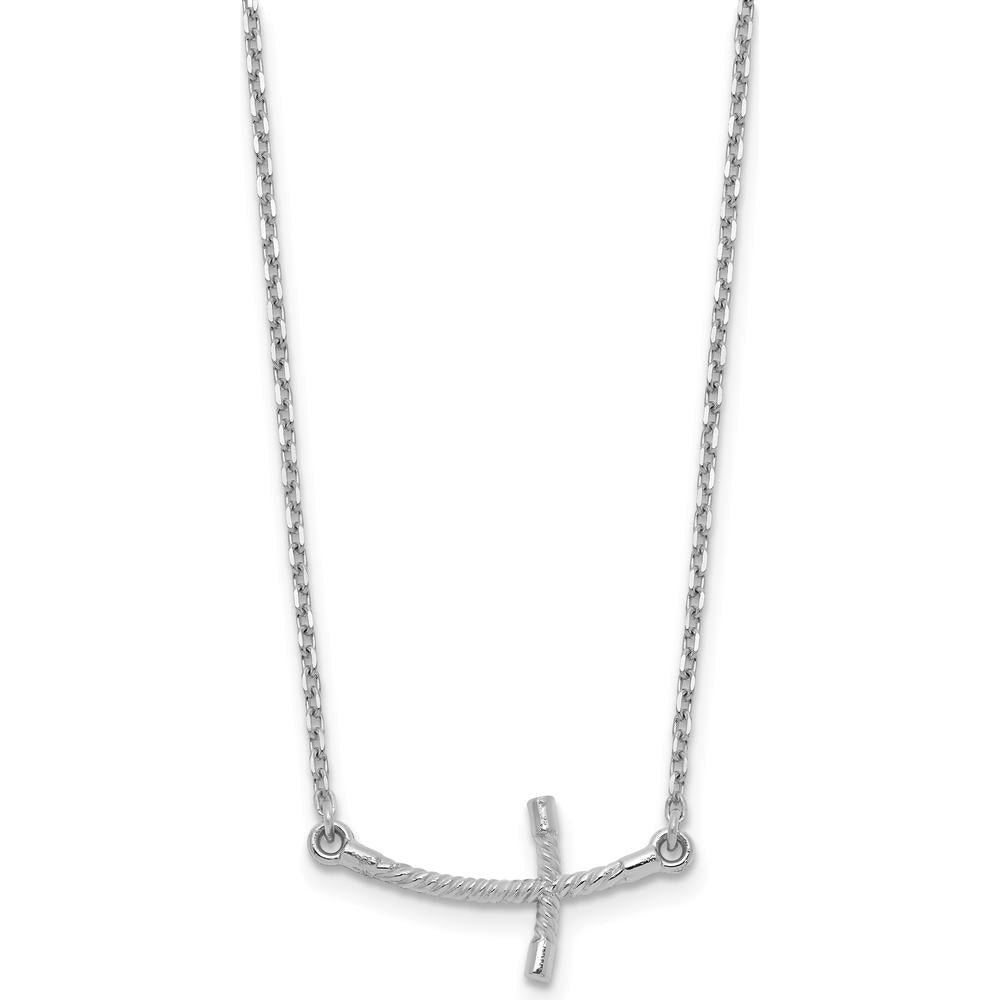 14K White Gold Small Sideways Twist Cross Necklace with Polished Rhodium Finish - 19 Inches by 0