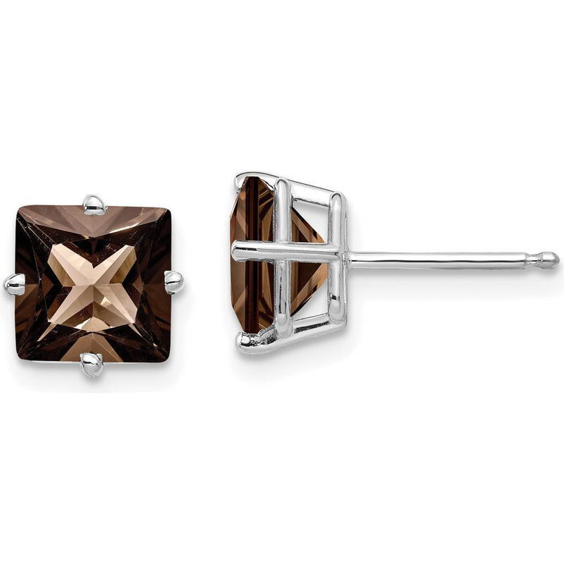 14K White Gold Smoky Quartz 7mm Square Princess Cut Stud Earrings - 1.55 Carat Total Gem Weight by Monteluci Fine Jewelry
