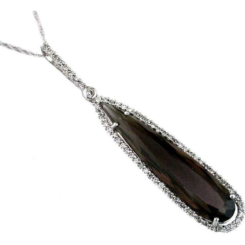 14K White Gold Smoky Quartz & Diamond Pendant - 6.60 Carats Smoky Quartz, 0.38 Carats Round Diamonds