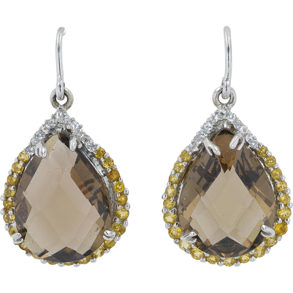 14K White Gold Smoky Quartz, Citrine & White Topaz Teardrop Earrings - 2.50 Carat Total Gem Weight