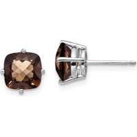 14K White Gold Smoky Quartz Cushion Cut Stud Earrings with Checkerboard Cut - 1.35 Carat Total Gem Weight by Monteluci Fine Jewelry