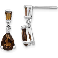 14K White Gold Smoky Quartz Dangle Earrings with Pear and Baguette Cuts - 1.2 Carat Total Smoky Quartz Weight by Monteluci Fine Jewelry