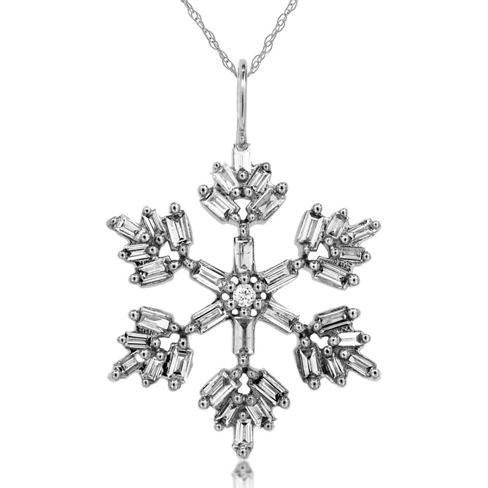 14K White Gold Snowflake Pendant with Baguette and Round Diamonds - 0.40 Carat Total Diamond Weight - Royal Jewelry