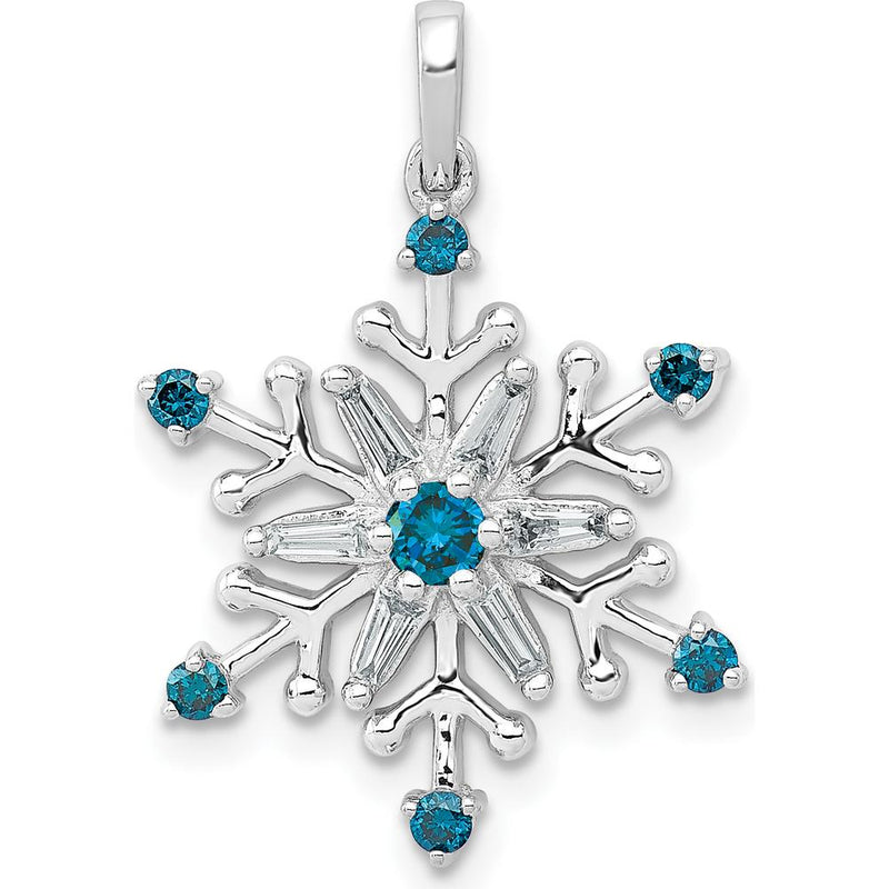 14K White Gold Snowflake Pendant with Round and Baguette Blue and White Diamonds - 0.13 Carat Total Diamond Weight by Monteluci Fine Jewelry