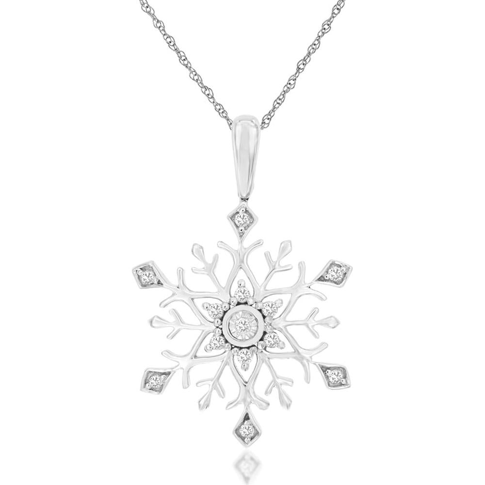 14K White Gold Snowflake Pendant with Round Diamonds - 0.08 Carat Total Diamond Weight - Royal Jewelry