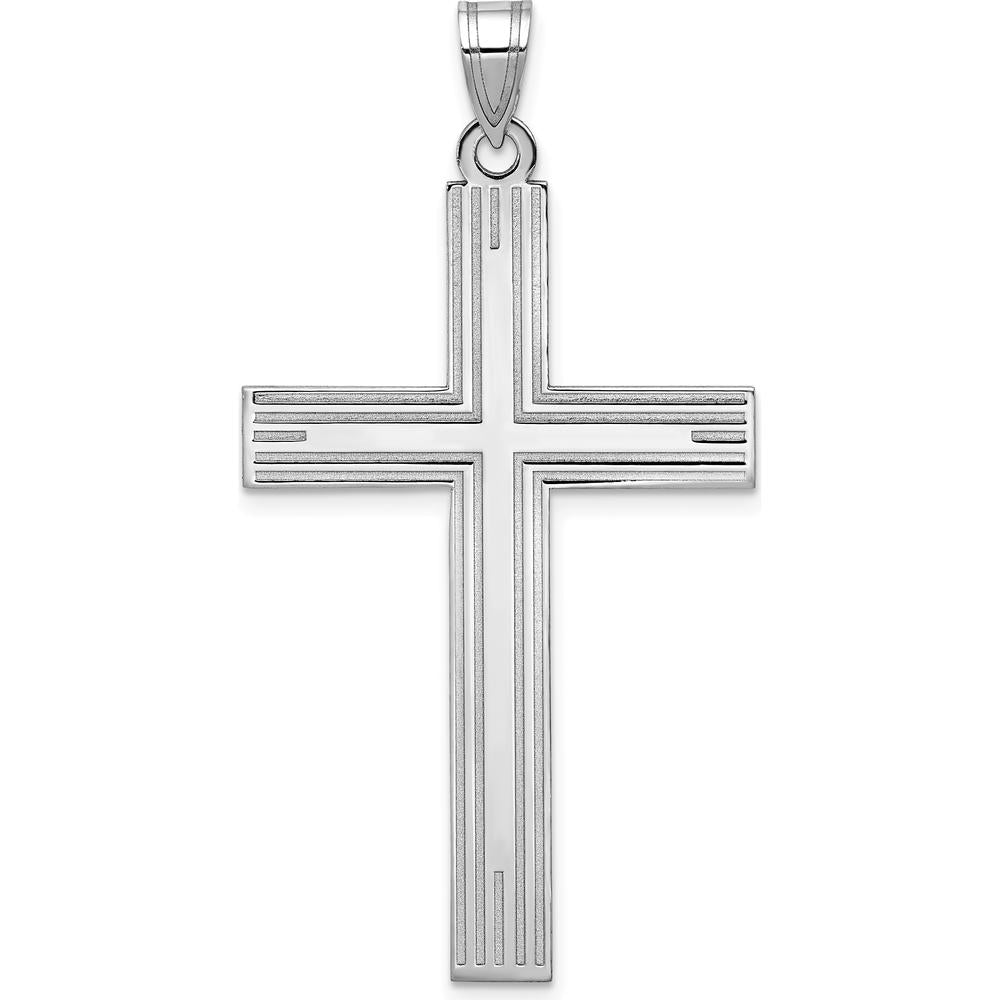 14K White Gold Solid Laser Etched Cross Pendant with Polished Finish and Rhodium Plating by Oro Pregiato