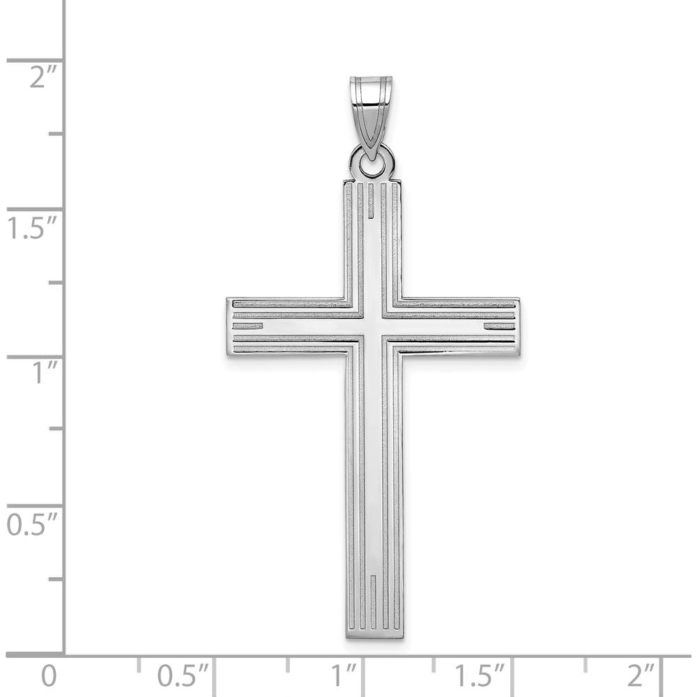 14K White Gold Solid Laser Etched Cross Pendant with Polished Finish and Rhodium Plating by Oro Pregiato