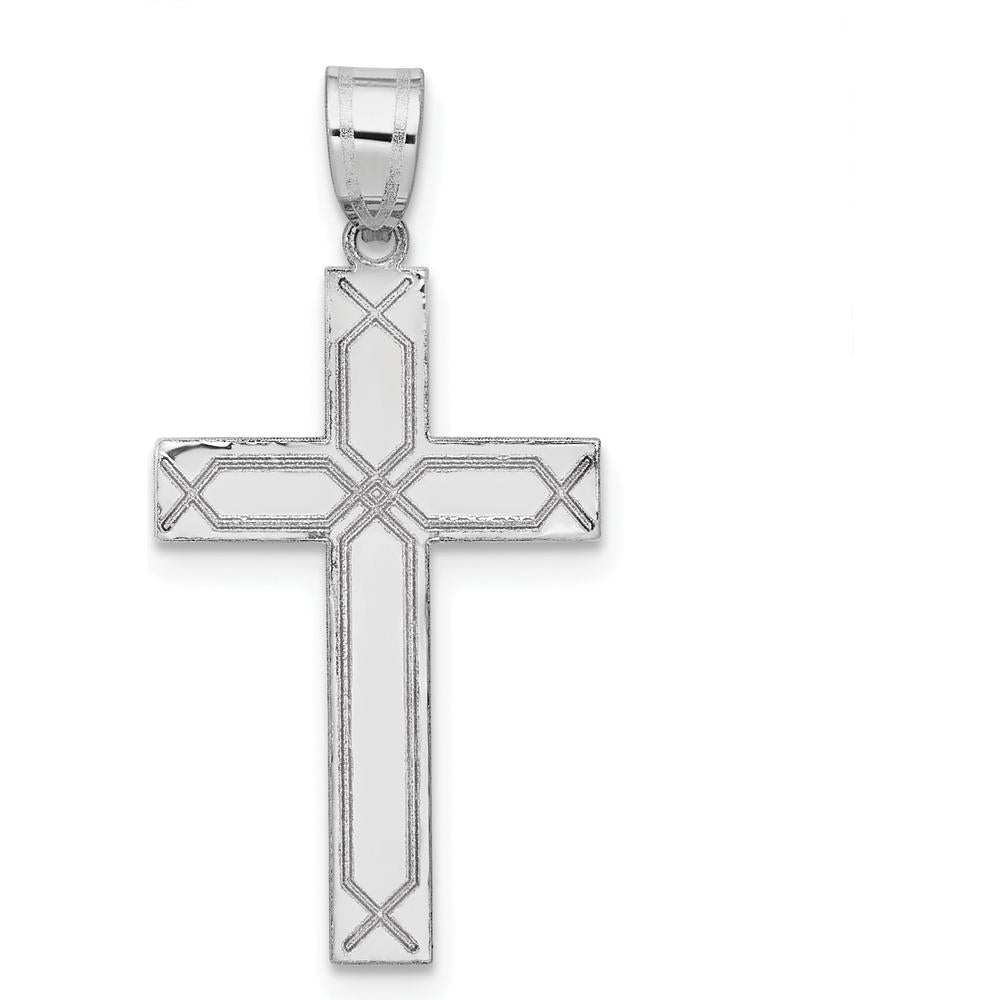 14K White Gold Solid Laser Etched Cross Pendant with Rhodium Plating by Oro Pregiato