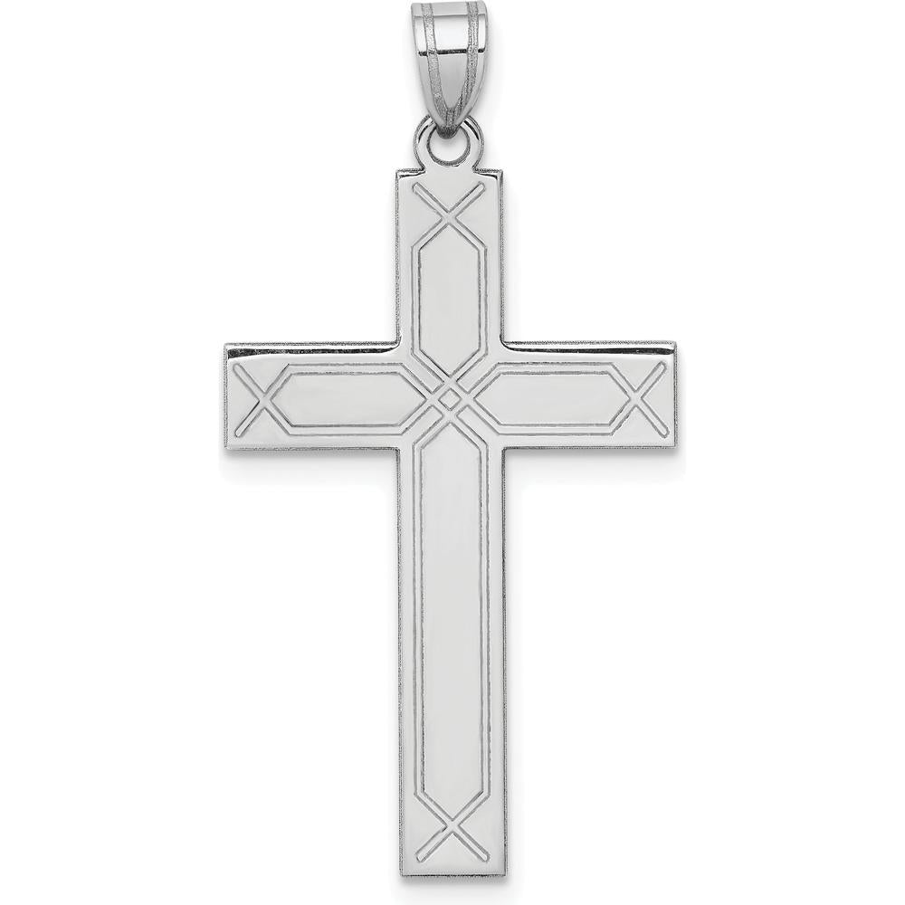 14K White Gold Solid Laser Etched Cross Pendant with Rhodium Plating by Oro Pregiato