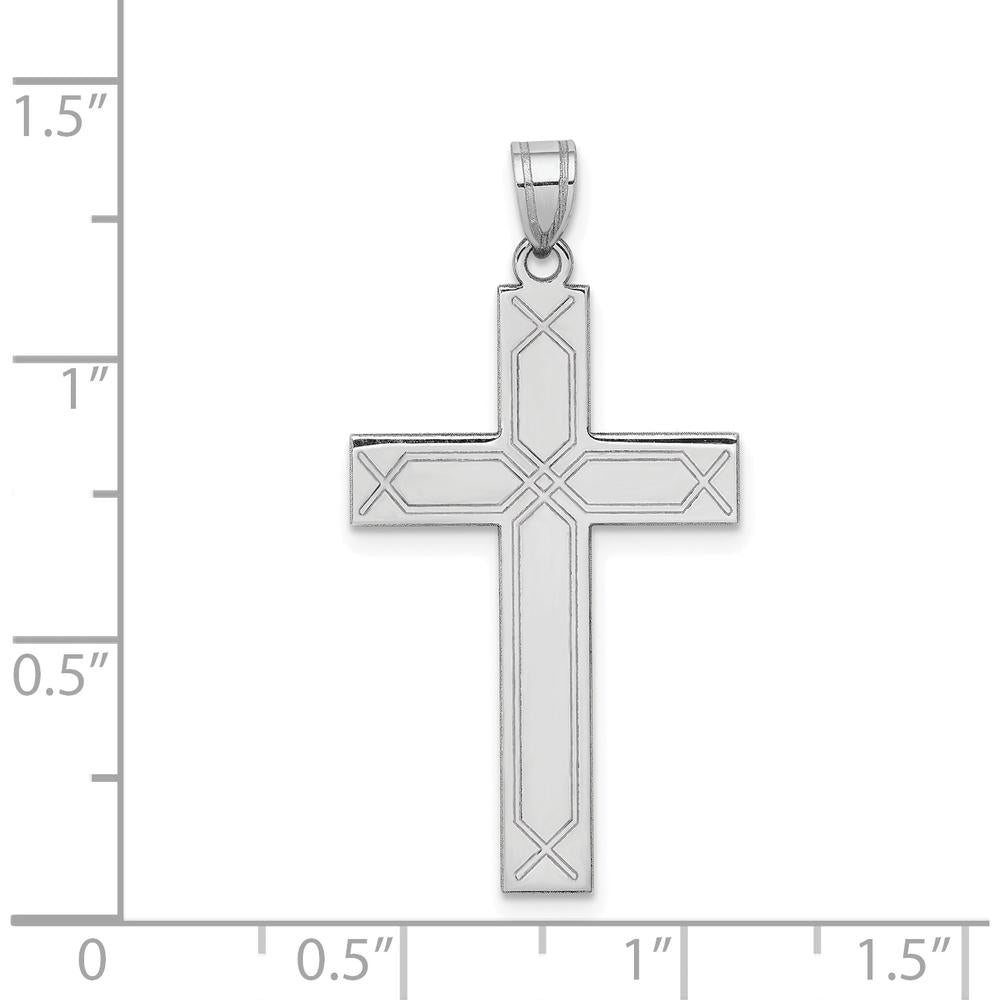 14K White Gold Solid Laser Etched Cross Pendant with Rhodium Plating by Oro Pregiato