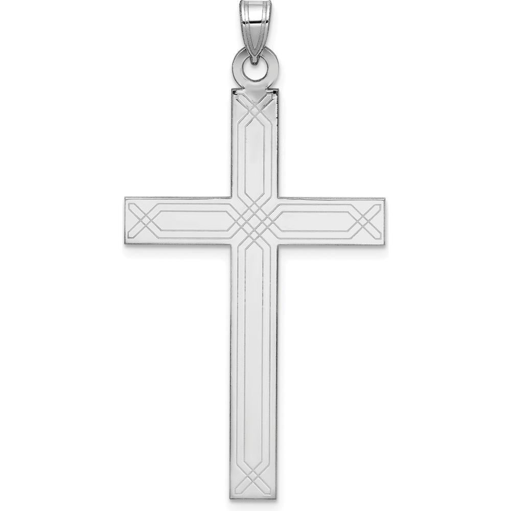 14K White Gold Solid Laser Etched Cross Pendant with Rhodium Plating by Oro Pregiato