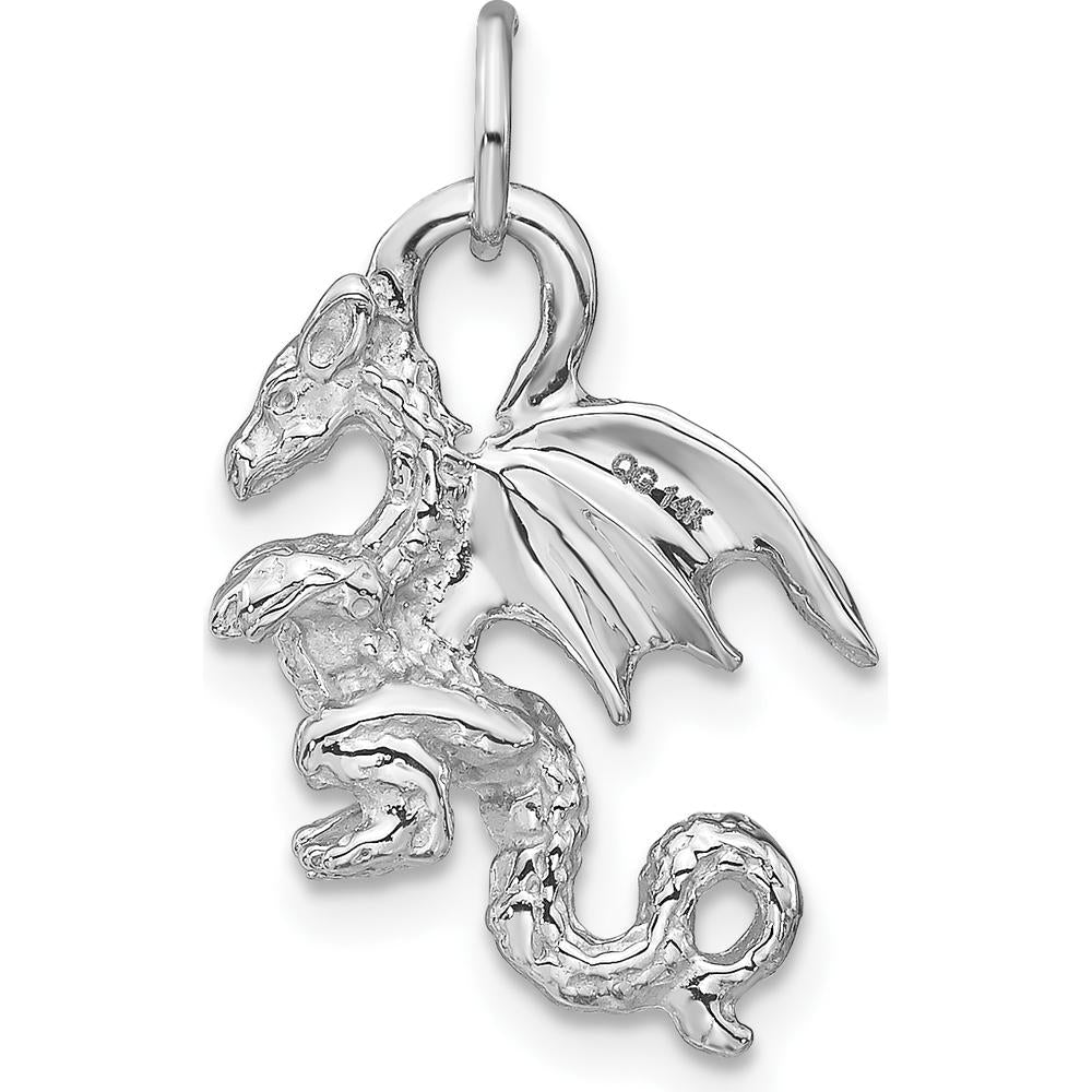 14K White Gold Solid Polished 3D Dragon Charm - Rhodium Plated by Oro Pregiato
