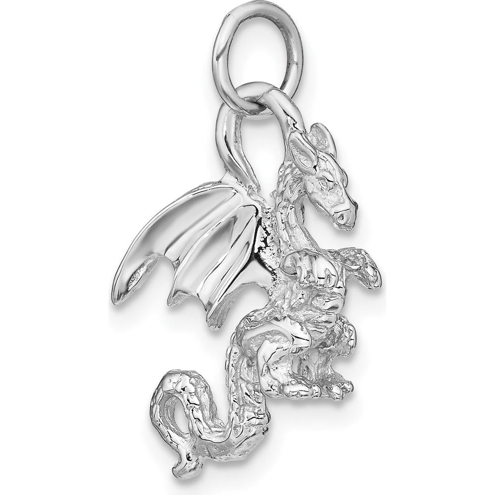 14K White Gold Solid Polished 3D Dragon Charm - Rhodium Plated by Oro Pregiato