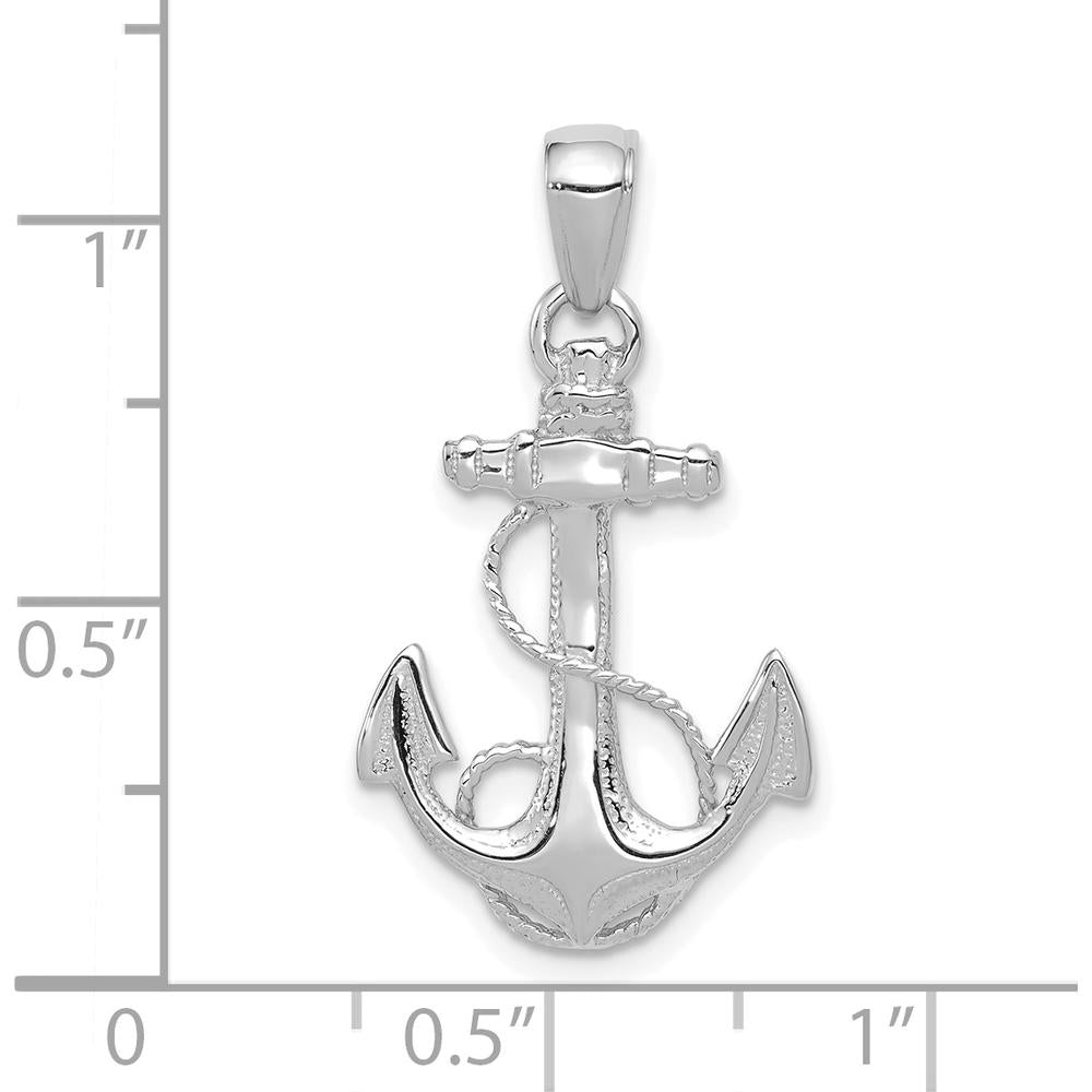 14K White Gold Solid Polished Anchor Pendant with Rope Detail - 27mm Length by Oro Pregiato