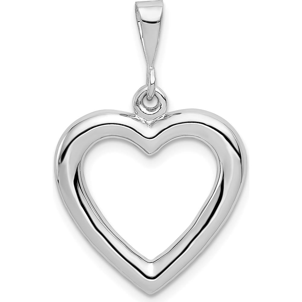14K White Gold Solid Polished Heart Pendant with Rhodium Plating - 31mm Total Length by Oro Pregiato