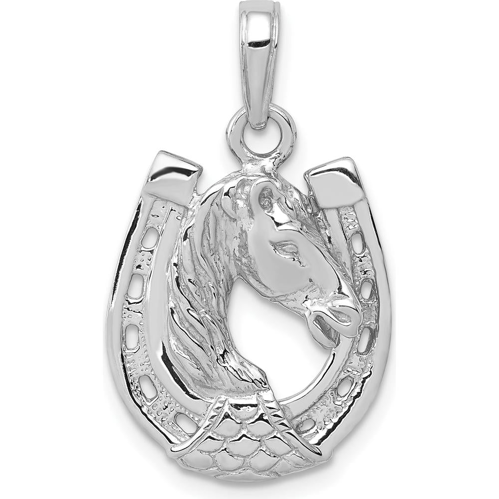 14K White Gold Solid Polished Horse Head in Horseshoe Pendant - Modern Textured Design by Oro Pregiato