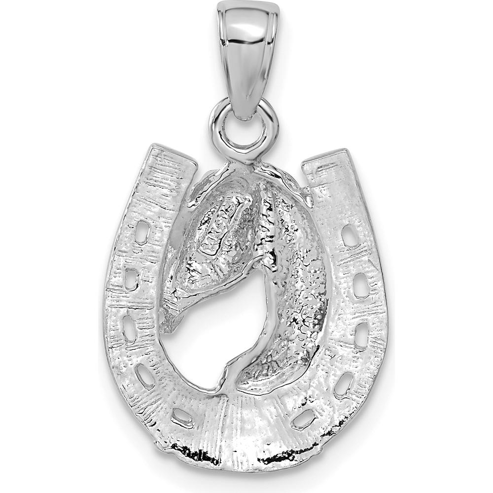 14K White Gold Solid Polished Horse Head in Horseshoe Pendant - Modern Textured Design by Oro Pregiato