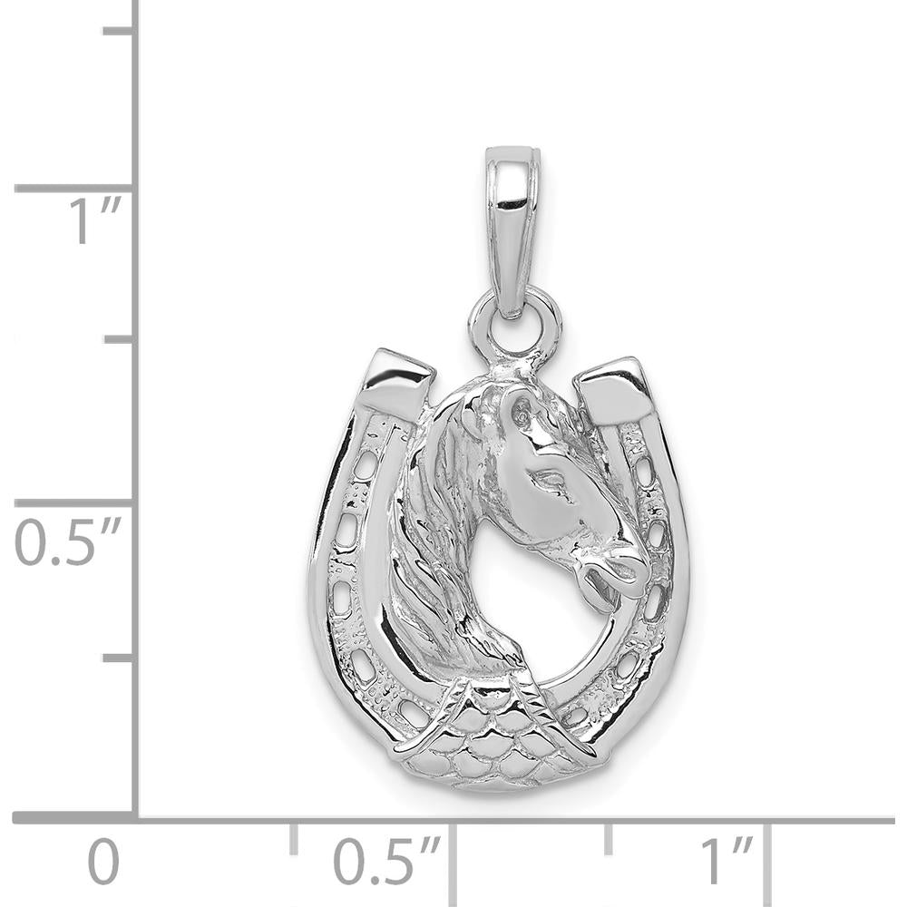 14K White Gold Solid Polished Horse Head in Horseshoe Pendant - Modern Textured Design by Oro Pregiato