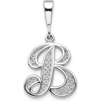 14K White Gold Solid Polished Script Filigree Letter B Initial Pendant - Rhodium Plated by Oro Pregiato