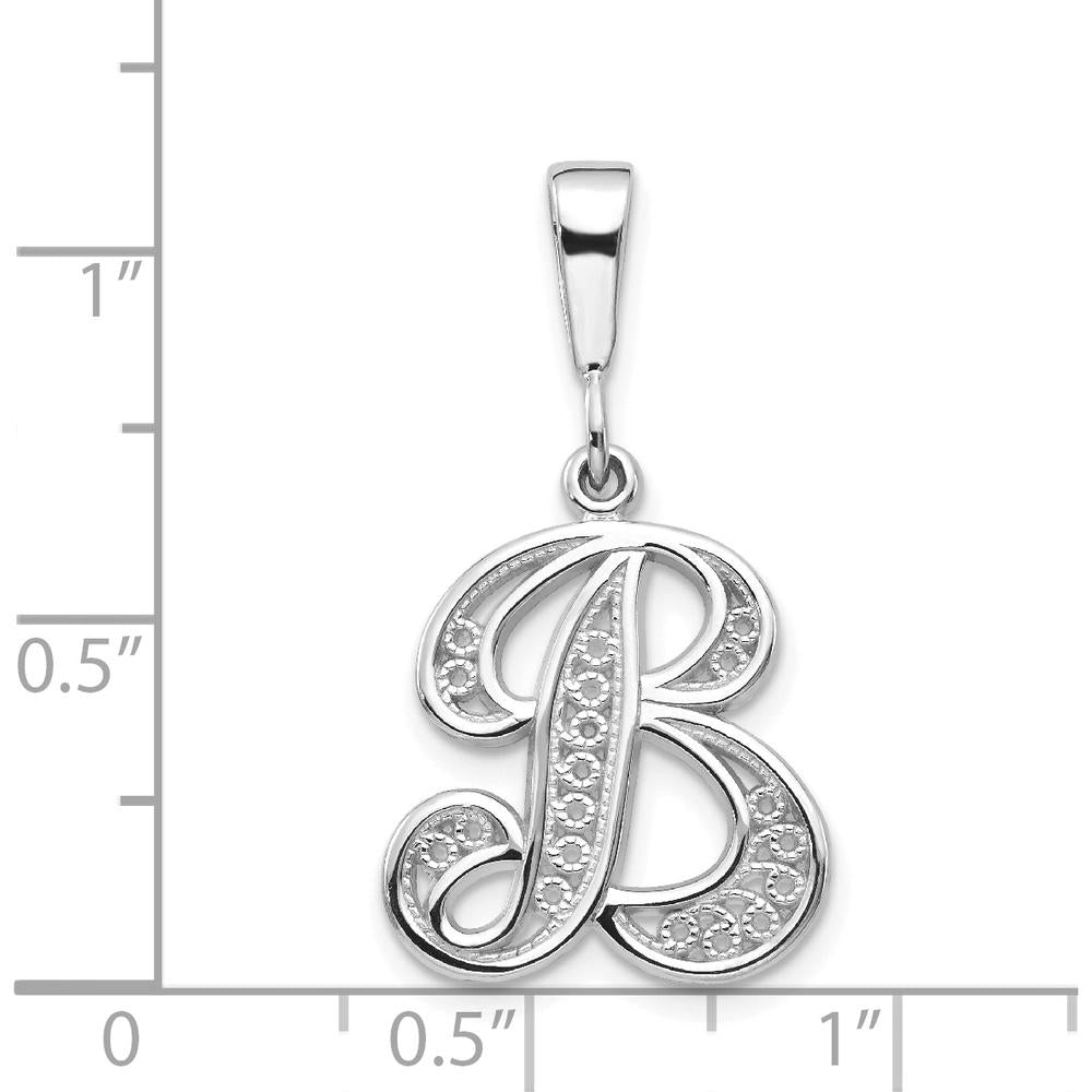 14K White Gold Solid Polished Script Filigree Letter B Initial Pendant - Rhodium Plated by Oro Pregiato
