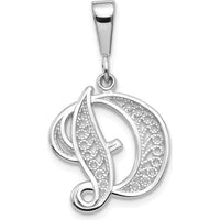 14K White Gold Solid Polished Script Filigree Letter D Initial Pendant - Rhodium Plated by Oro Pregiato
