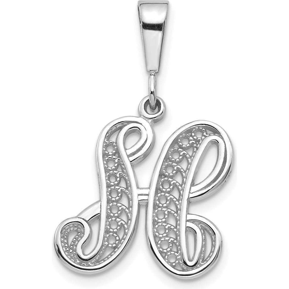 14K White Gold Solid Polished Script Filigree Letter H Pendant by Oro Pregiato