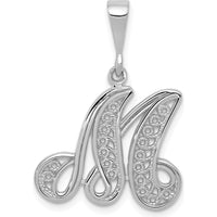14K White Gold Solid Polished Script Filigree Letter M Initial Pendant - Rhodium Plated by Oro Pregiato