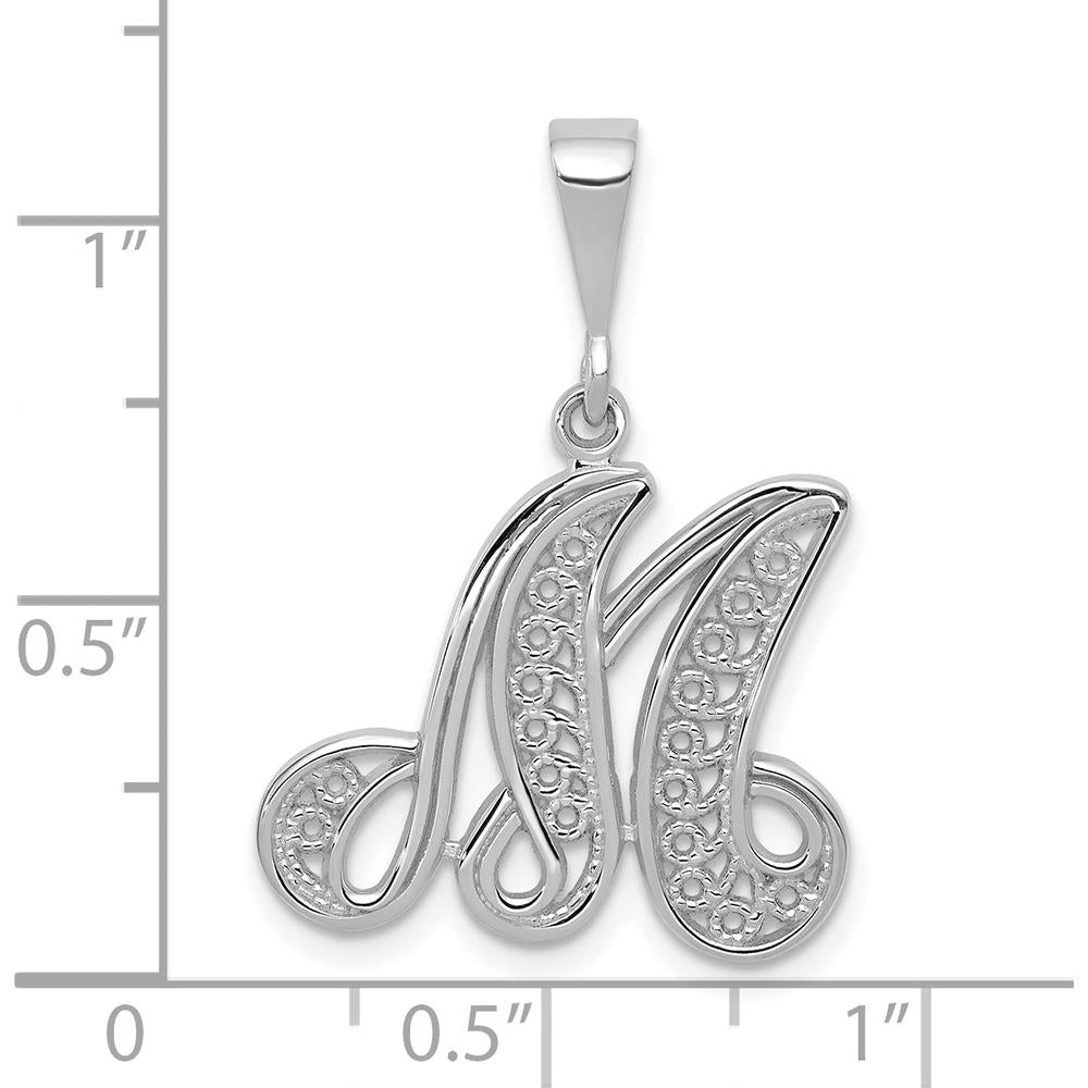 14K White Gold Solid Polished Script Filigree Letter M Initial Pendant - Rhodium Plated by Oro Pregiato