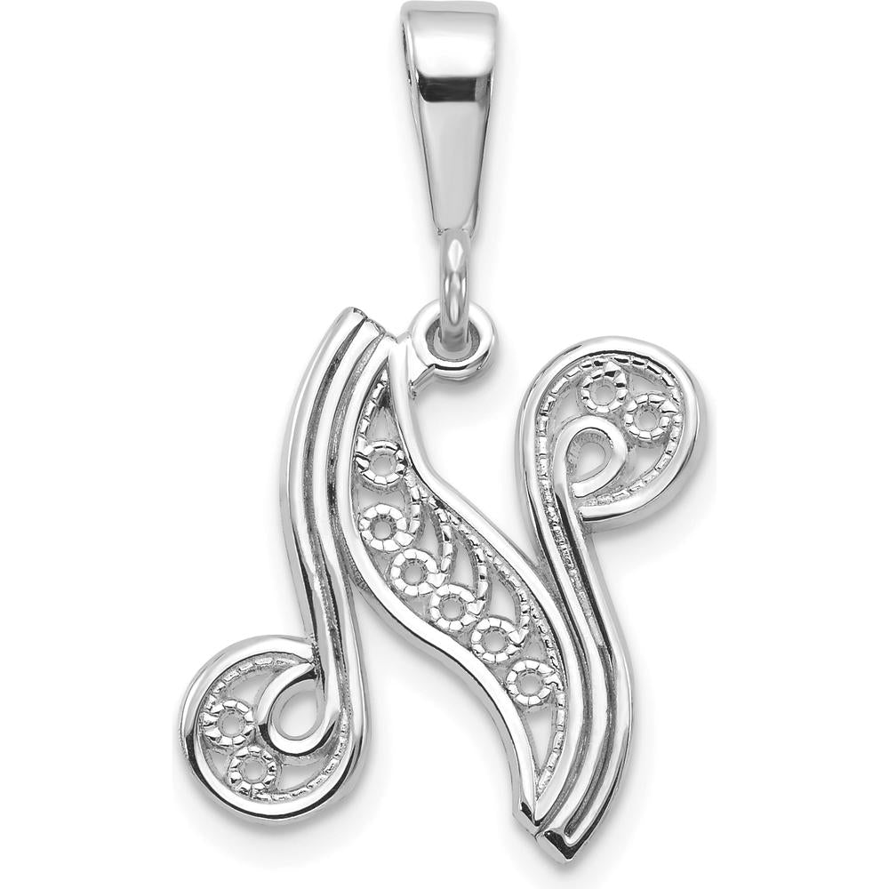 14K White Gold Solid Polished Script Filigree Letter N Initial Pendant by Oro Pregiato