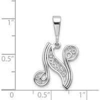 14K White Gold Solid Polished Script Filigree Letter N Initial Pendant by Oro Pregiato