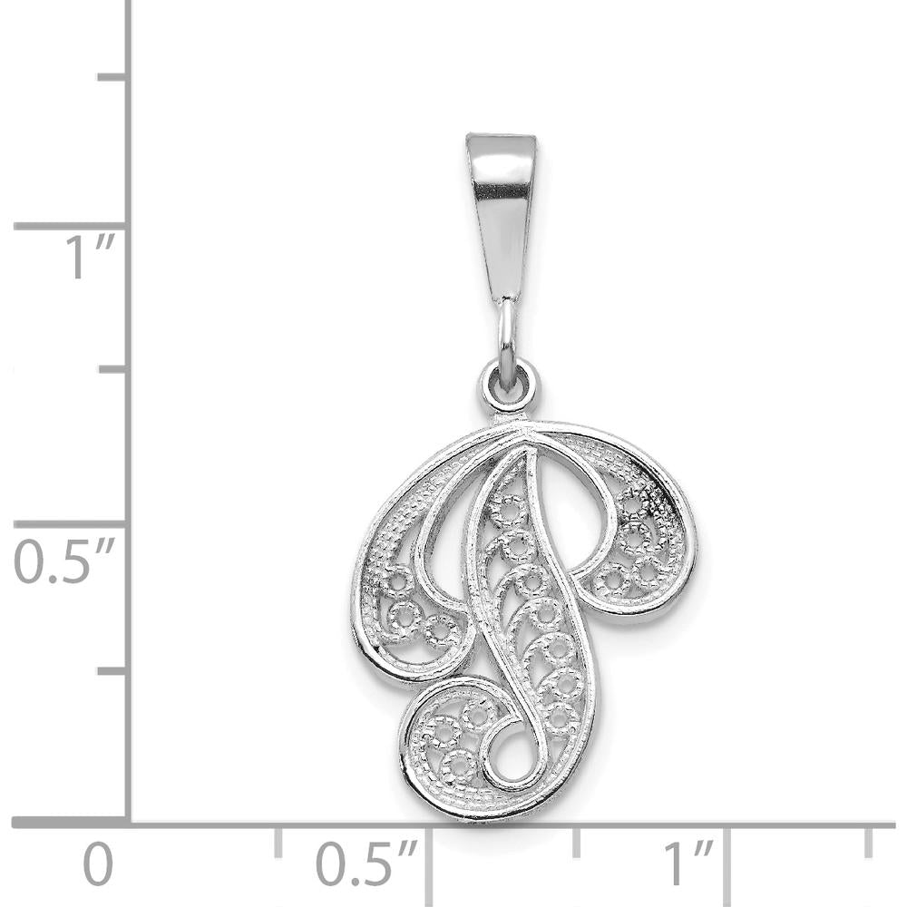 14K White Gold Solid Polished Script Filigree Letter P Initial Pendant by Oro Pregiato