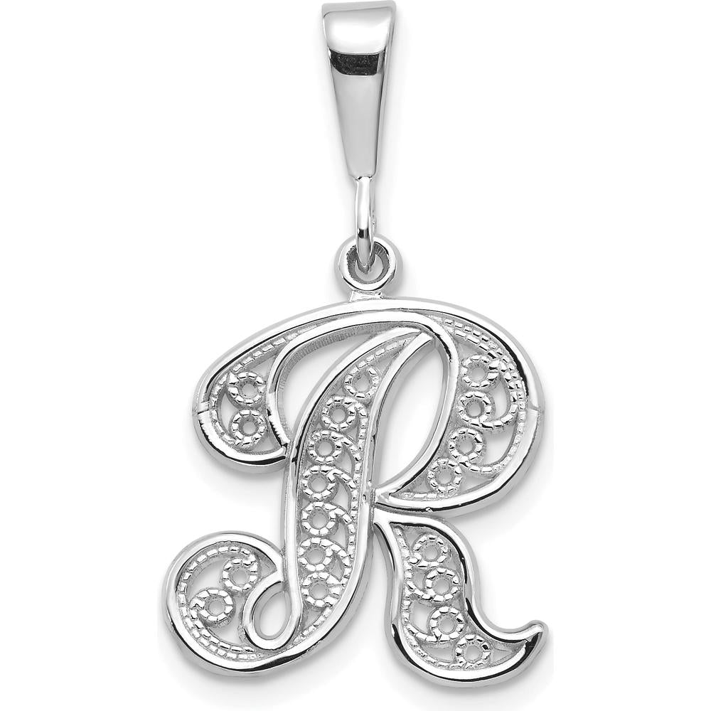 14K White Gold Solid Polished Script Filigree Letter R Initial Pendant - Personalized Luxury Design by Oro Pregiato