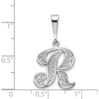 14K White Gold Solid Polished Script Filigree Letter R Initial Pendant - Personalized Luxury Design by Oro Pregiato