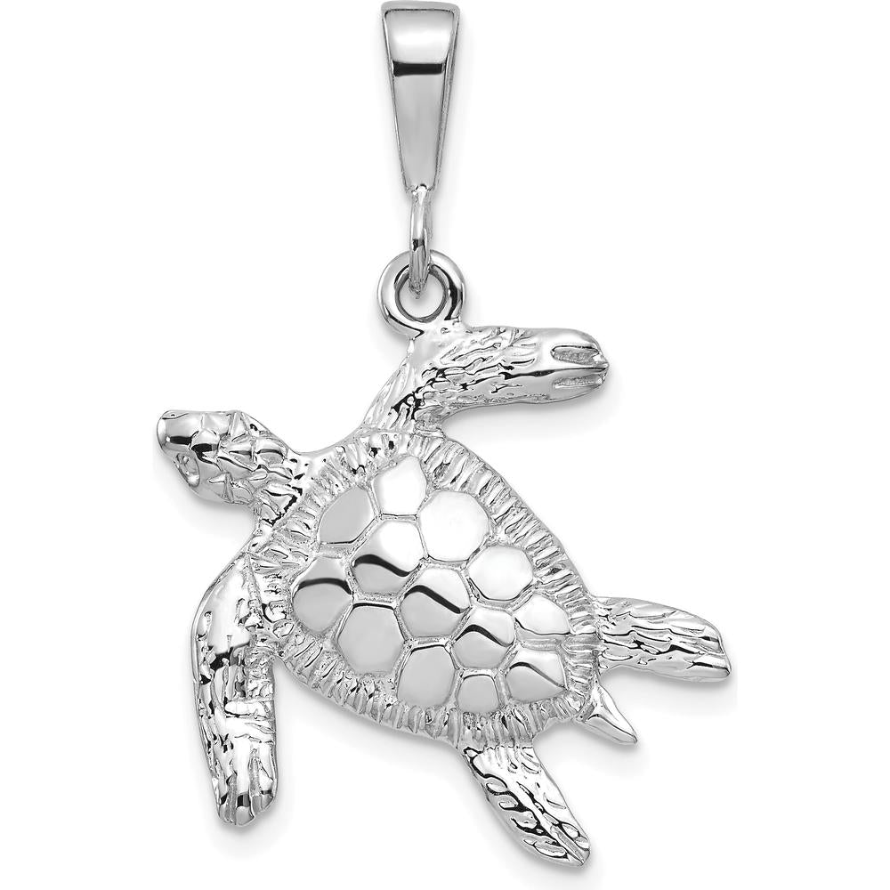 14K White Gold Solid Polished Sea Turtle Pendant - Rhodium Plated 32mm Length by Oro Pregiato