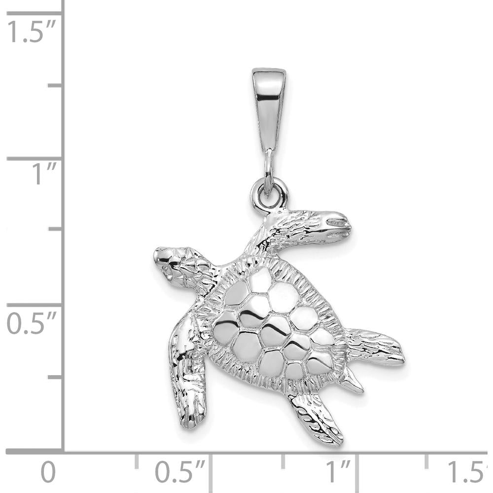 14K White Gold Solid Polished Sea Turtle Pendant - Rhodium Plated 32mm Length by Oro Pregiato