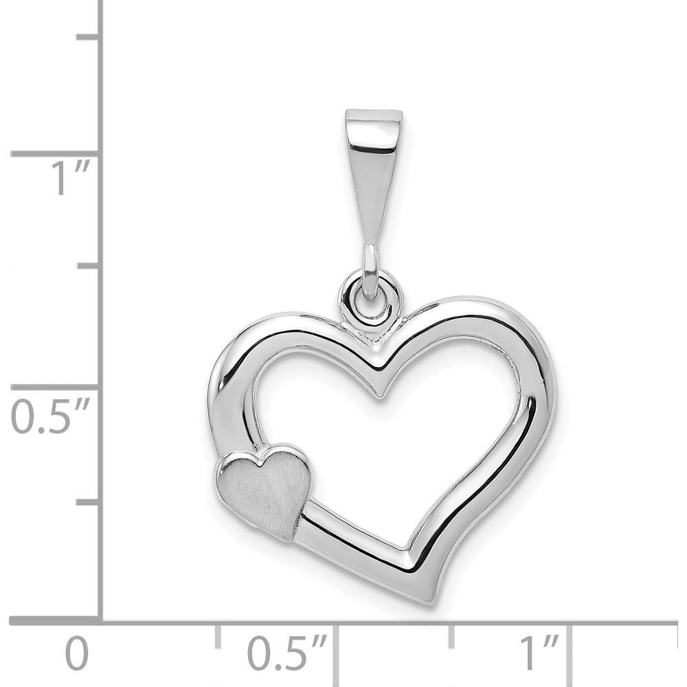 14K White Gold Solid Satin and Polished 3D Heart Pendant - Rhodium Plated by Oro Pregiato