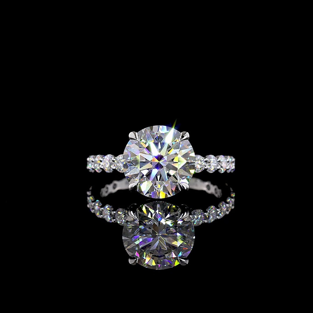 14K White Gold Solitaire Ring with 3.52 Carat Round Brilliant Cut Lab Diamond Center and 18 Diamond Accent Shank - 4.42 Total Carat Weight, E VVS2 Certified - Covaloro Fine Jewelry