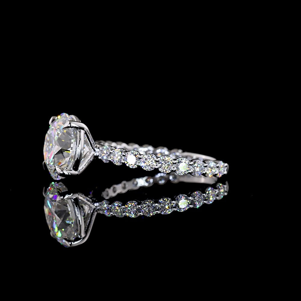 14K White Gold Solitaire Ring with 3.52 Carat Round Brilliant Cut Lab Diamond Center and 18 Diamond Accent Shank - 4.42 Total Carat Weight, E VVS2 Certified - Covaloro Fine Jewelry