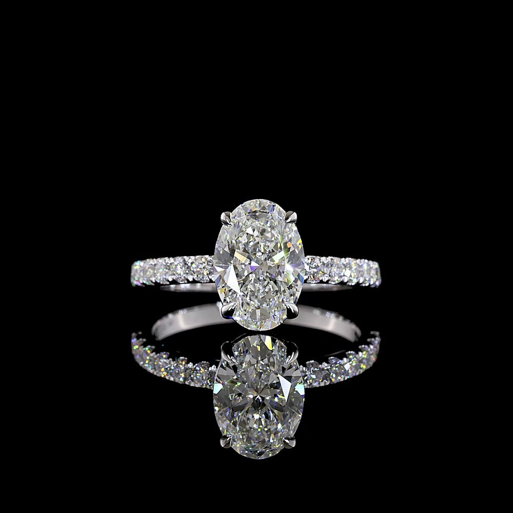 14K White Gold Solitaire Shank Ring with 2.01 Carat Oval Lab Diamond and 0.44 Carat Pave Set Round Brilliant Lab Diamonds - 2.45 Carat Total Diamond Weight - Covaloro Fine Jewelry