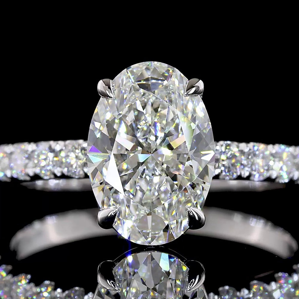 14K White Gold Solitaire Shank Ring with 2.01 Carat Oval Lab Diamond and 0.44 Carat Pave Set Round Brilliant Lab Diamonds - 2.45 Carat Total Diamond Weight - Covaloro Fine Jewelry